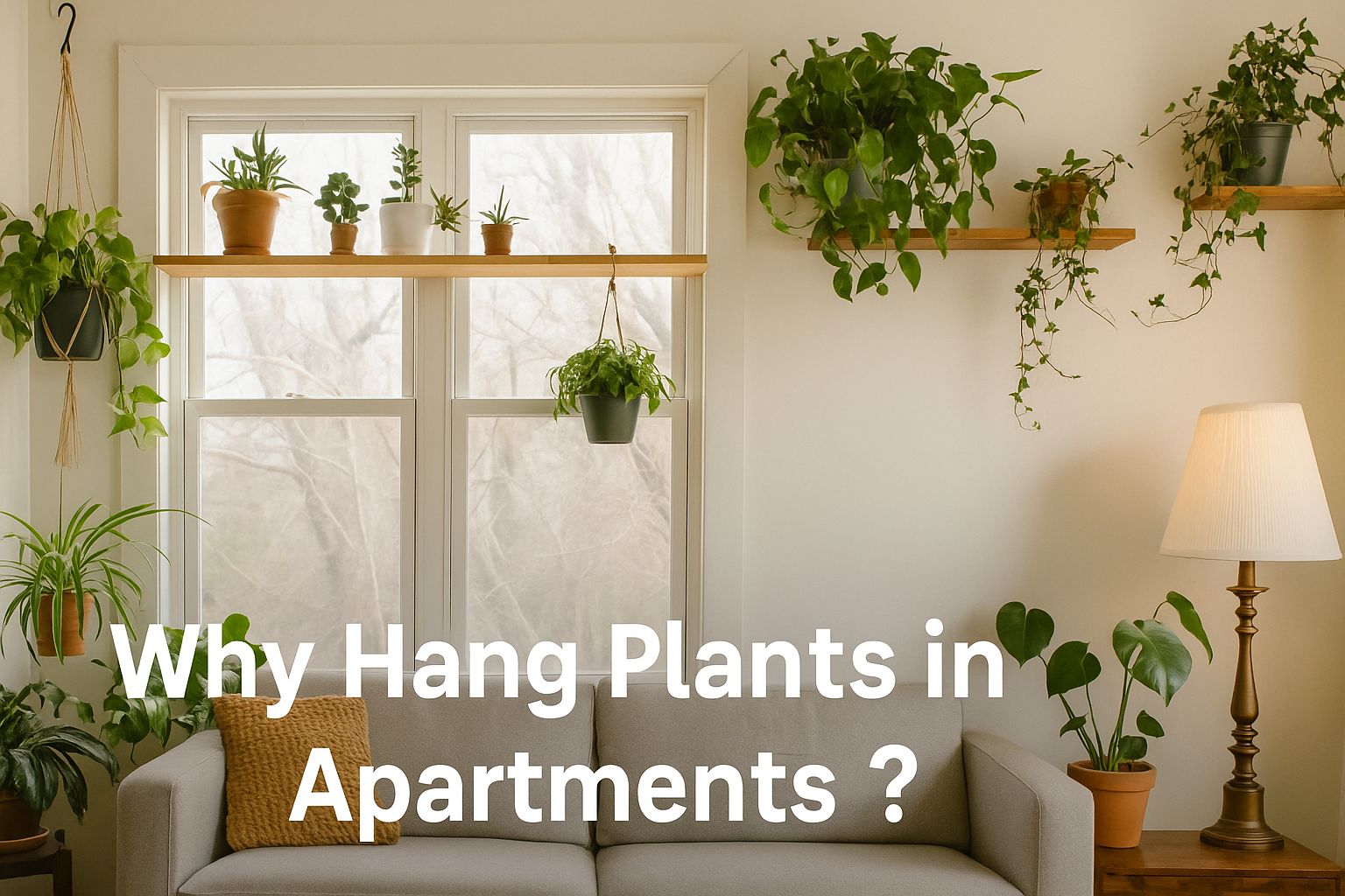 apartment living room decorated with hanging and potted plants, illustrating why to hang plants in apartments by Urban Plant.